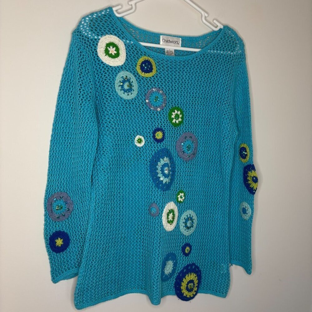 CHADWICK'S Crochet Tunic Womens L Teal Floral Applique Long Sleeve Knit Long Slv